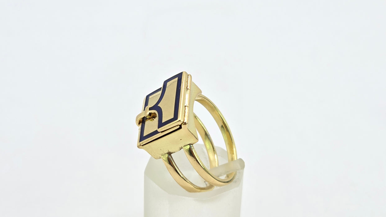 Antique: 18ct Yellow Gold Art Deco Blue Enamel Secret Compartment/ Poison Ring