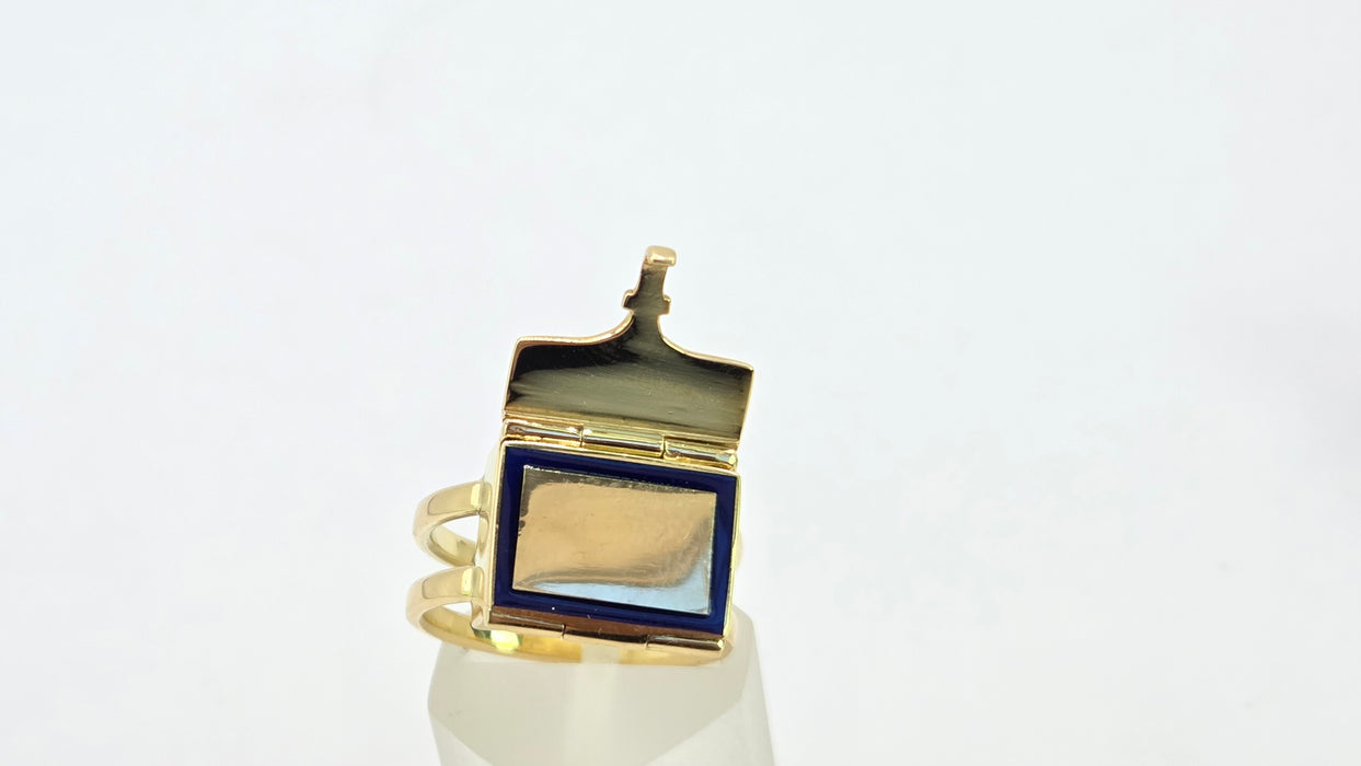 Antique: 18ct Yellow Gold Art Deco Blue Enamel Secret Compartment/ Poison Ring