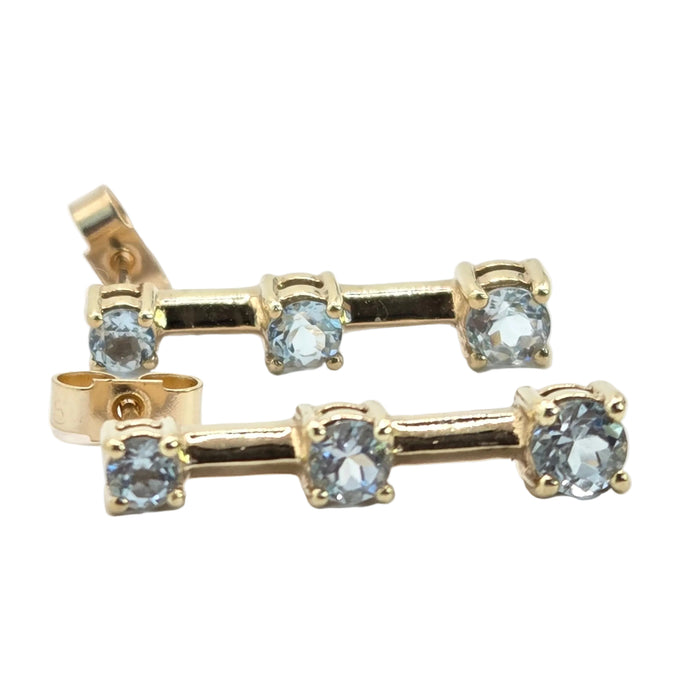 Vintage: 9ct Yellow Gold Blue Topaz Three Stone Bar Drop Earrings