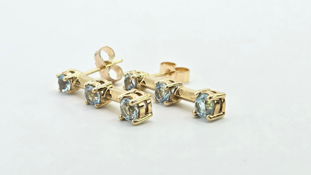 Vintage: 9ct Yellow Gold Blue Topaz Three Stone Bar Drop Earrings