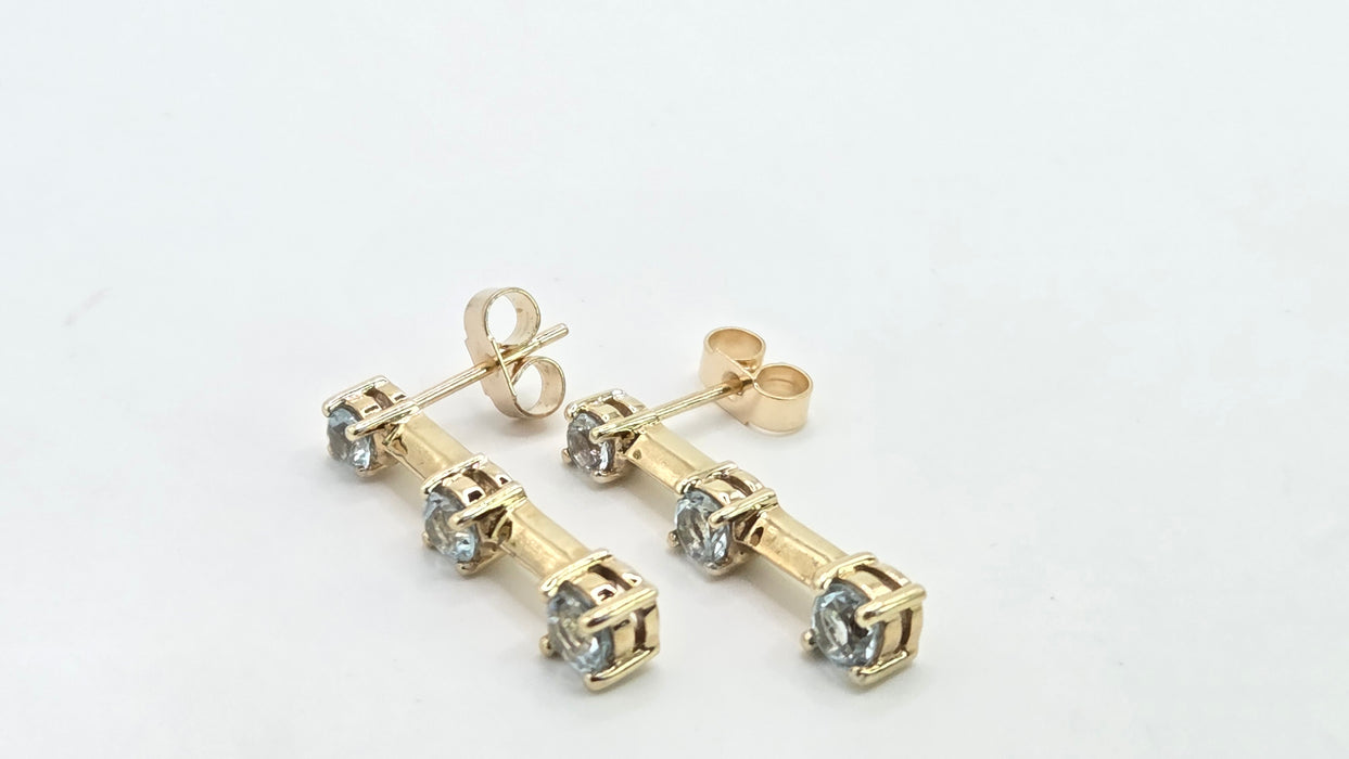 Vintage: 9ct Yellow Gold Blue Topaz Three Stone Bar Drop Earrings