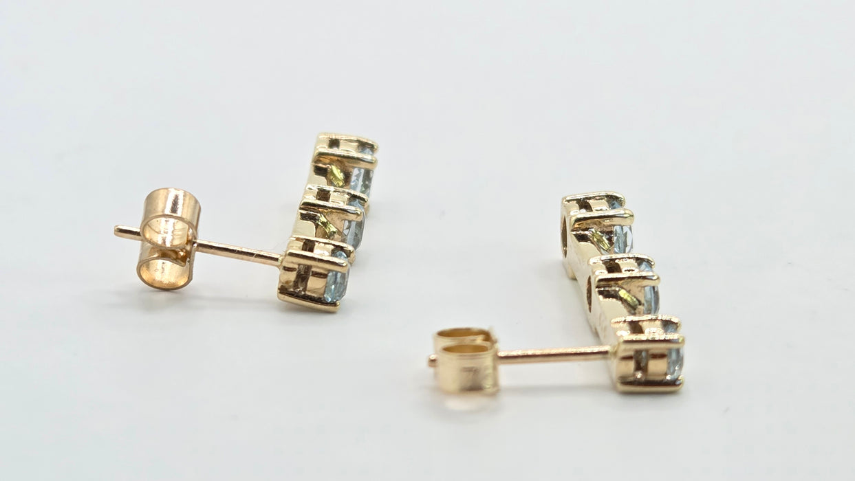Vintage: 9ct Yellow Gold Blue Topaz Three Stone Bar Drop Earrings