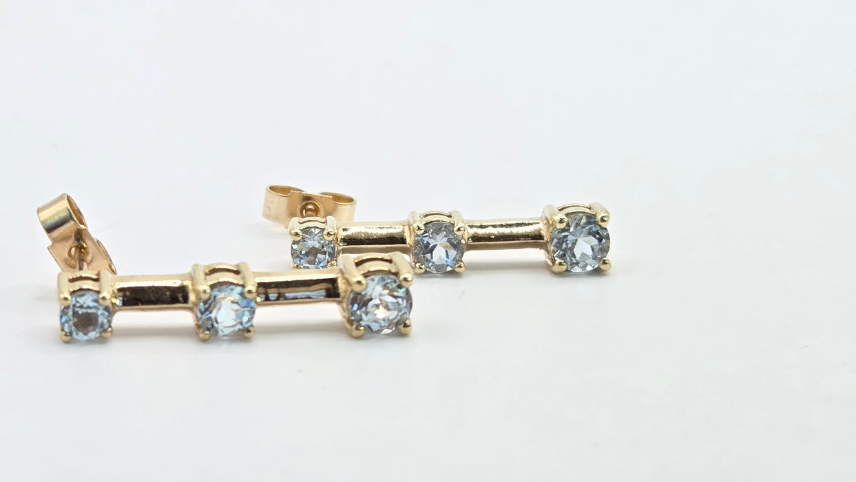 Vintage: 9ct Yellow Gold Blue Topaz Three Stone Bar Drop Earrings