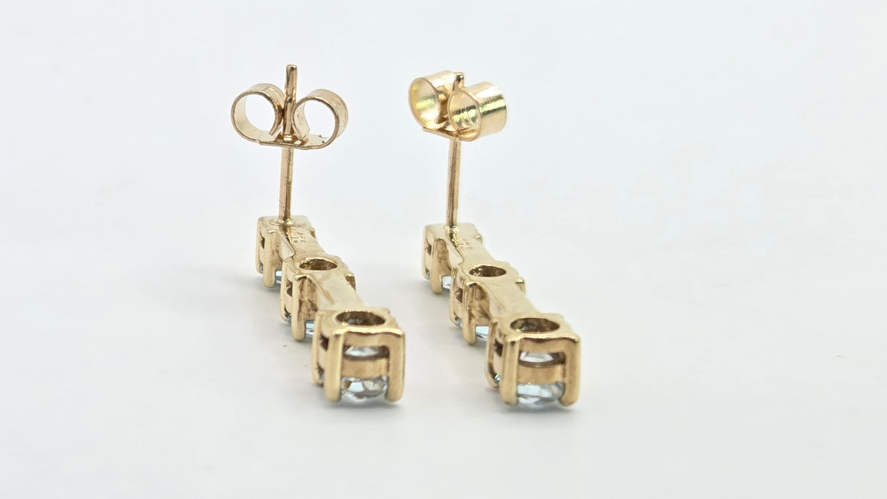 Vintage: 9ct Yellow Gold Blue Topaz Three Stone Bar Drop Earrings