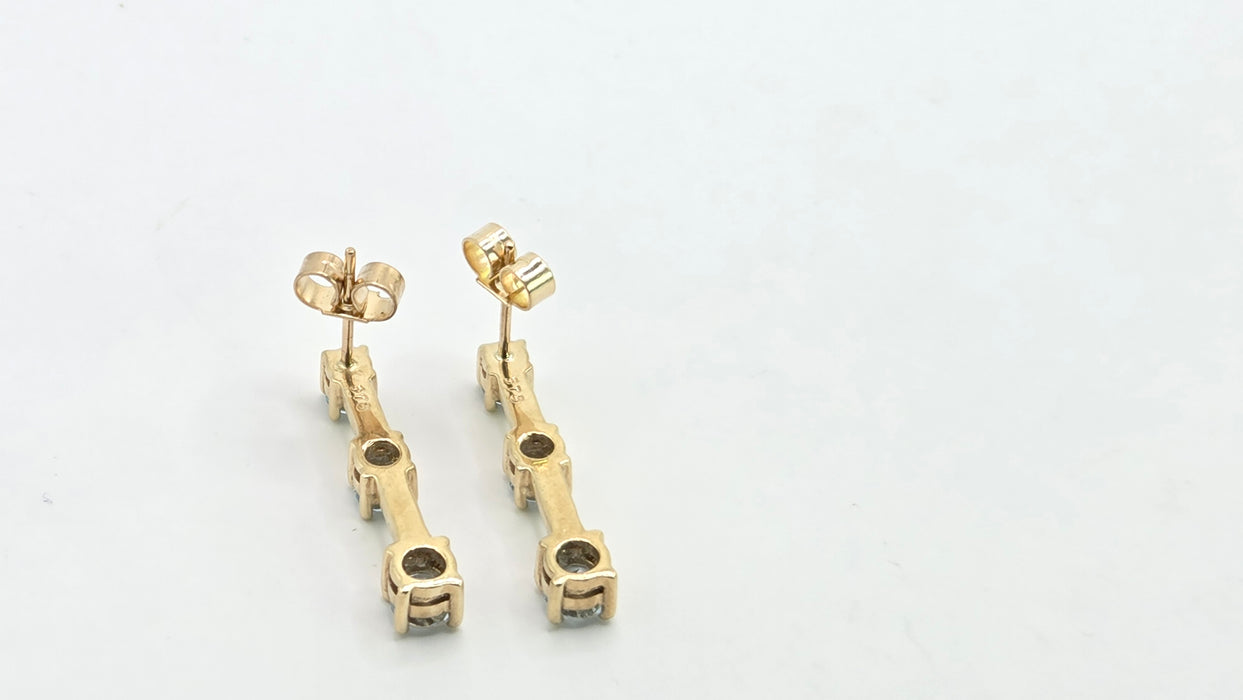 Vintage: 9ct Yellow Gold Blue Topaz Three Stone Bar Drop Earrings