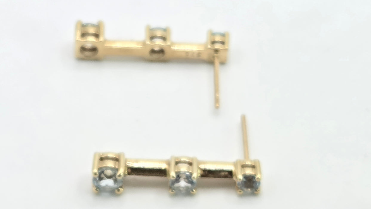 Vintage: 9ct Yellow Gold Blue Topaz Three Stone Bar Drop Earrings