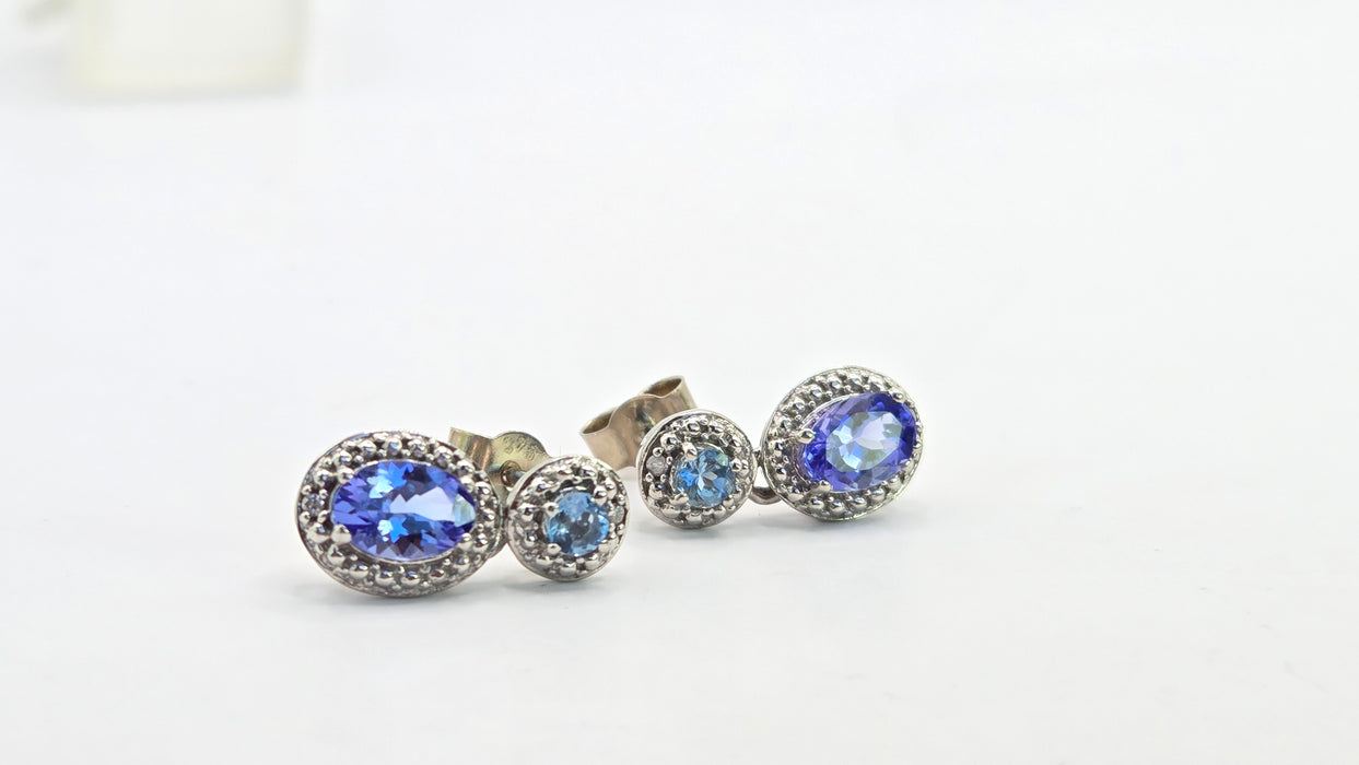 Vintage: 9ct White Gold Tanzanite, Aquamarine & Diamond Double Cluster Drop Stud Earrings