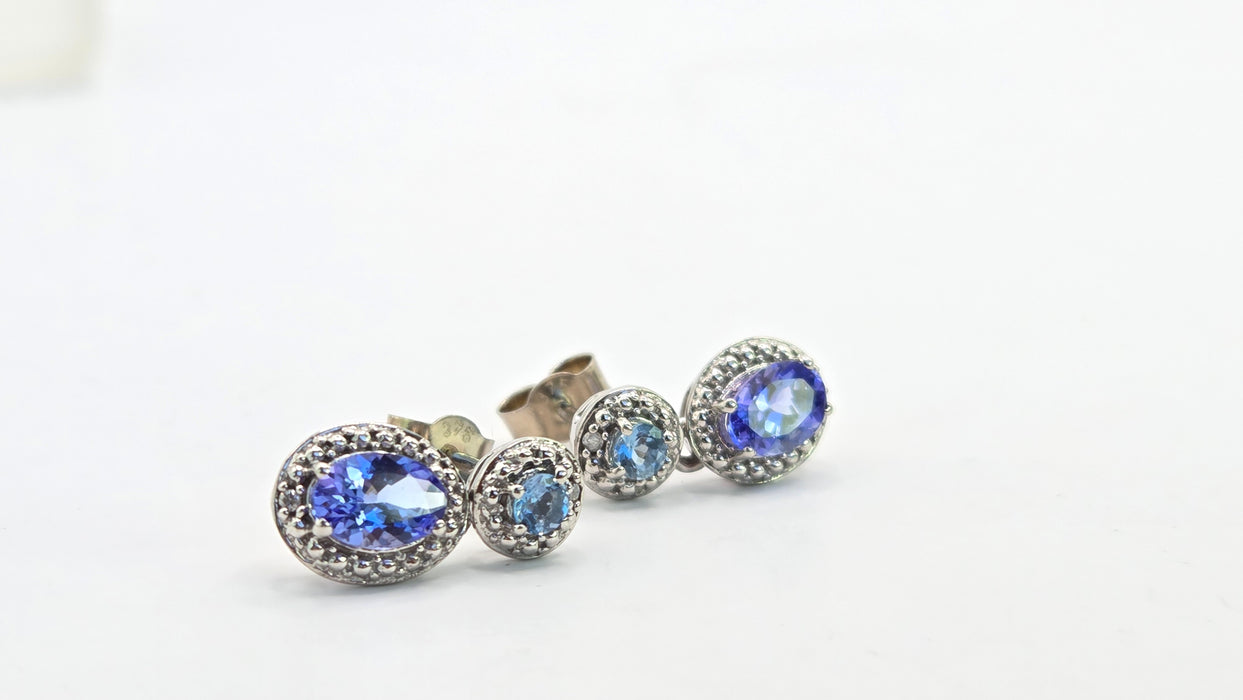 Vintage: 9ct White Gold Tanzanite, Aquamarine & Diamond Double Cluster Drop Stud Earrings