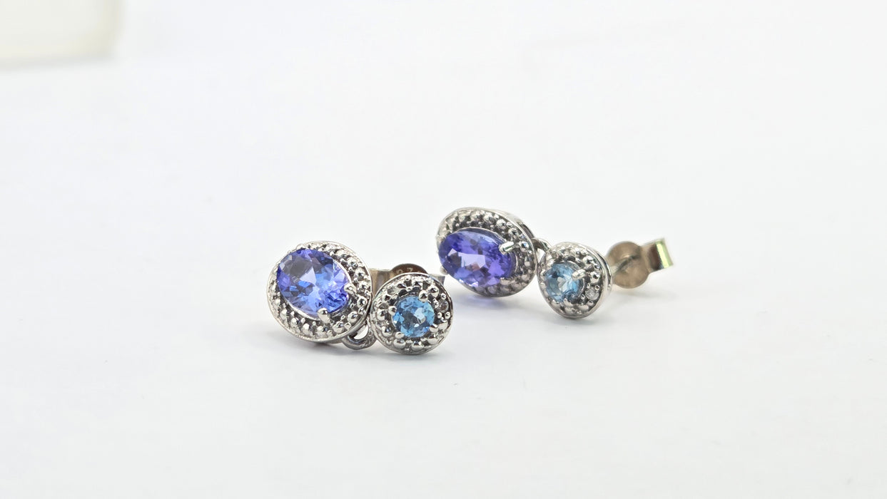 Vintage: 9ct White Gold Tanzanite, Aquamarine & Diamond Double Cluster Drop Stud Earrings