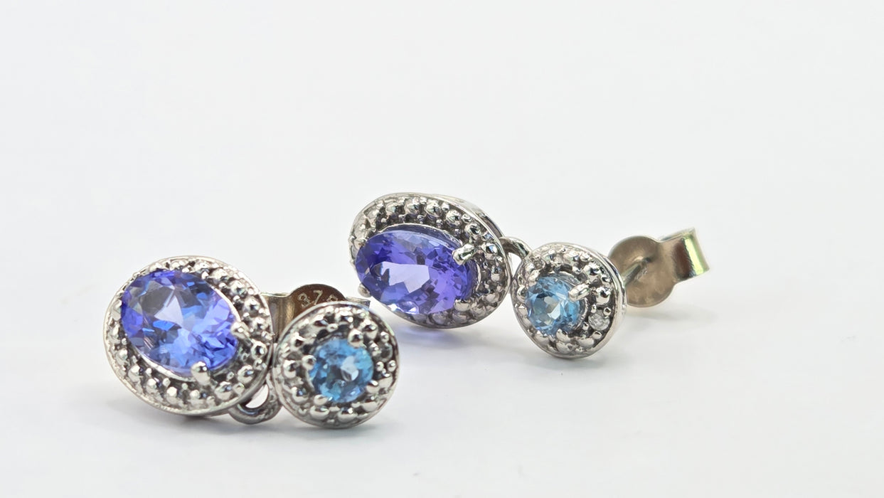 Vintage: 9ct White Gold Tanzanite, Aquamarine & Diamond Double Cluster Drop Stud Earrings