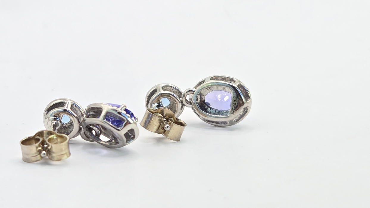 Vintage: 9ct White Gold Tanzanite, Aquamarine & Diamond Double Cluster Drop Stud Earrings