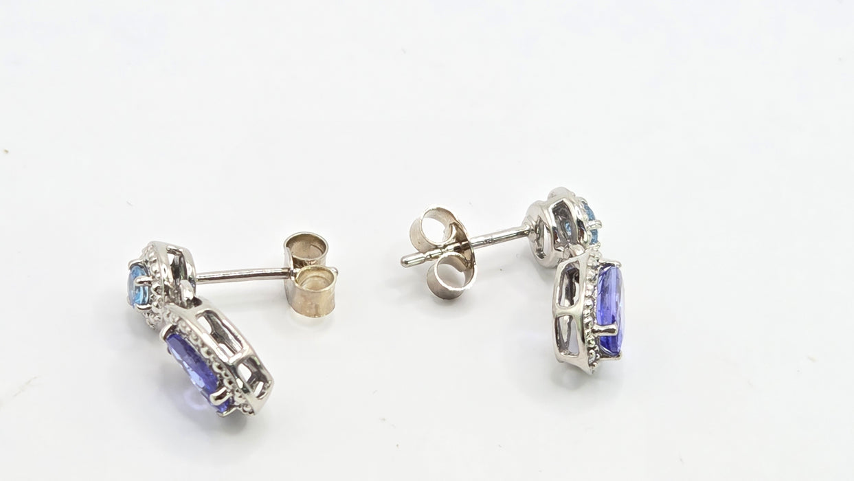 Vintage: 9ct White Gold Tanzanite, Aquamarine & Diamond Double Cluster Drop Stud Earrings