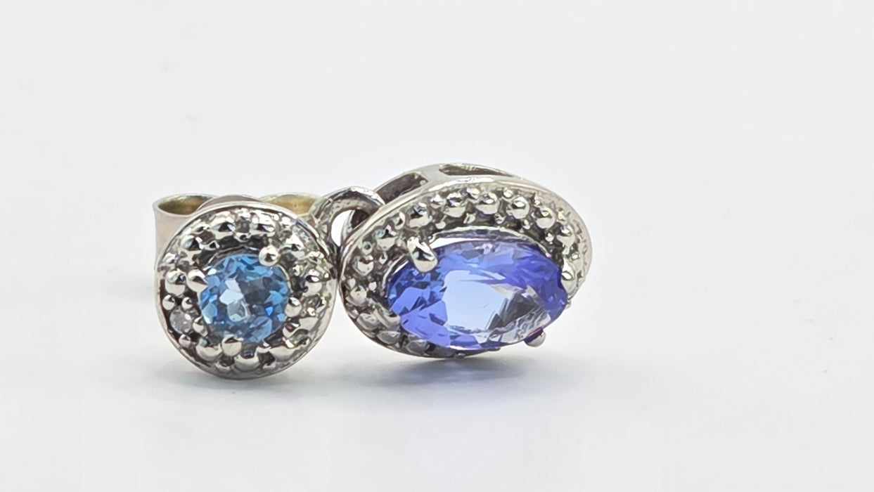Vintage: 9ct White Gold Tanzanite, Aquamarine & Diamond Double Cluster Drop Stud Earrings
