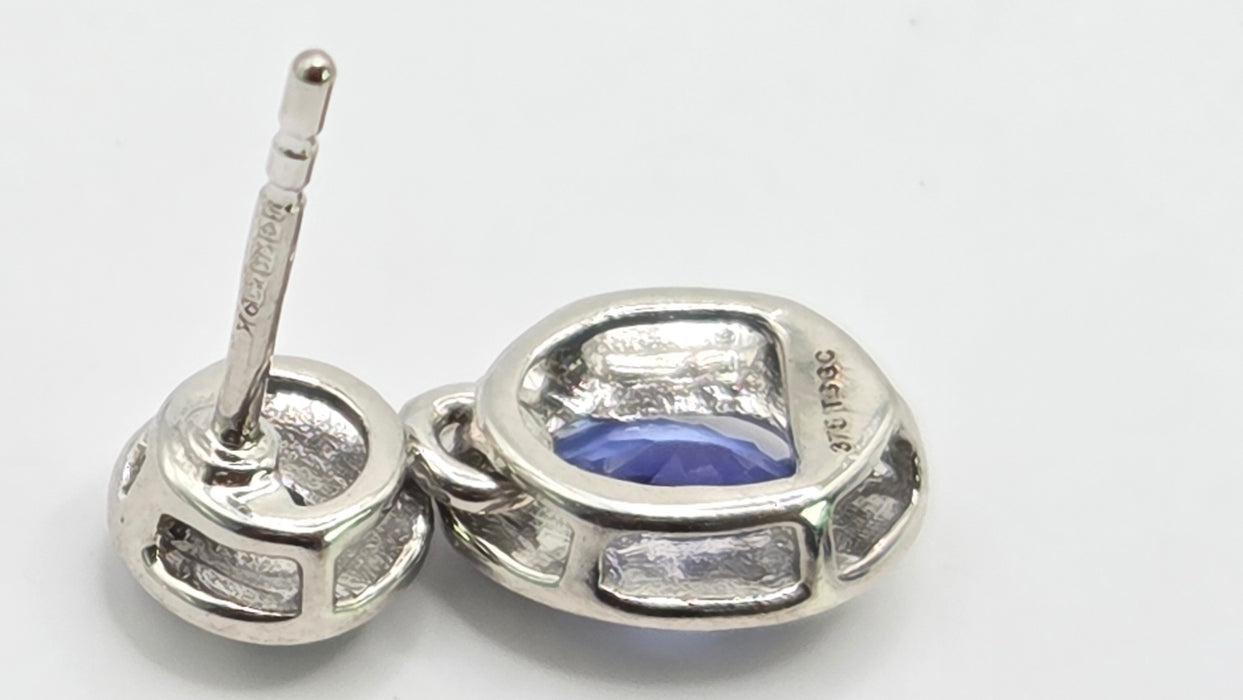 Vintage: 9ct White Gold Tanzanite, Aquamarine & Diamond Double Cluster Drop Stud Earrings