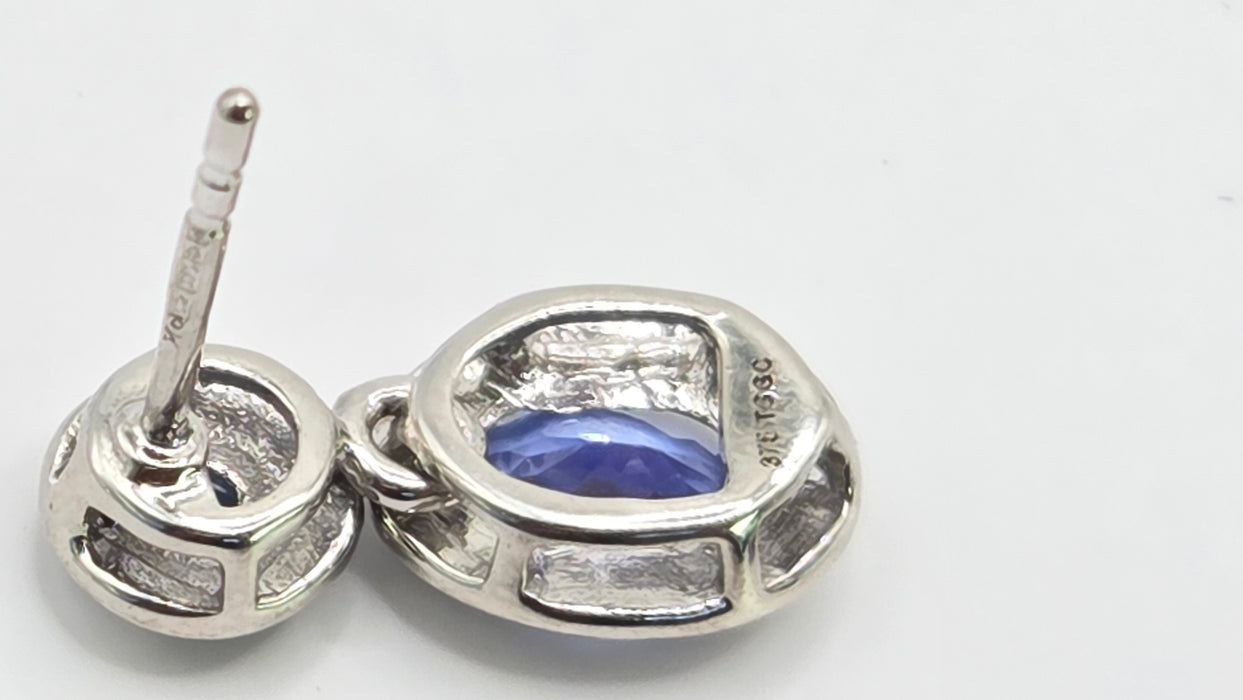 Vintage: 9ct White Gold Tanzanite, Aquamarine & Diamond Double Cluster Drop Stud Earrings