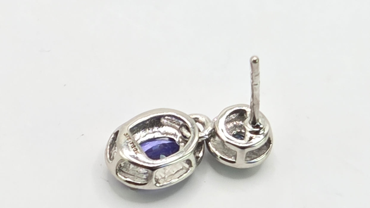Vintage: 9ct White Gold Tanzanite, Aquamarine & Diamond Double Cluster Drop Stud Earrings