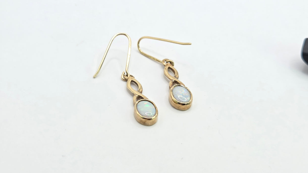 Vintage: 9ct Yellow Gold Oval Opal Shepherd's Hook Drop Earrings