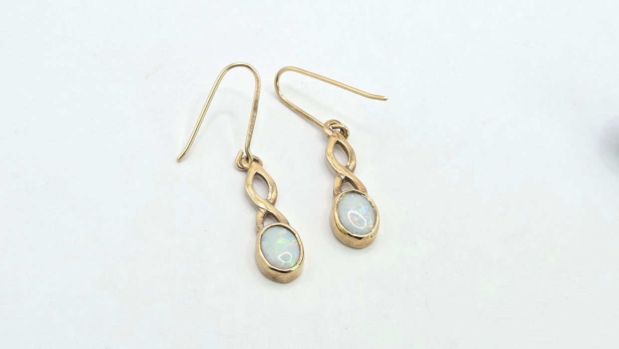 Vintage: 9ct Yellow Gold Oval Opal Shepherd's Hook Drop Earrings