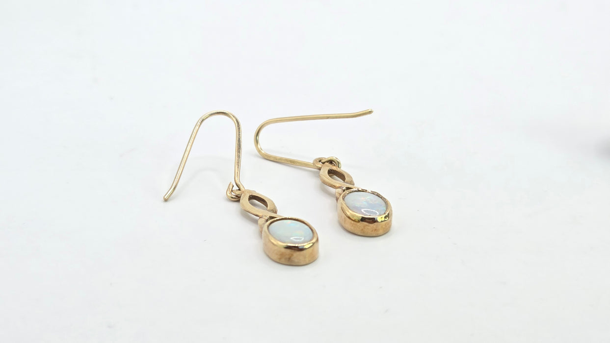 Vintage: 9ct Yellow Gold Oval Opal Shepherd's Hook Drop Earrings