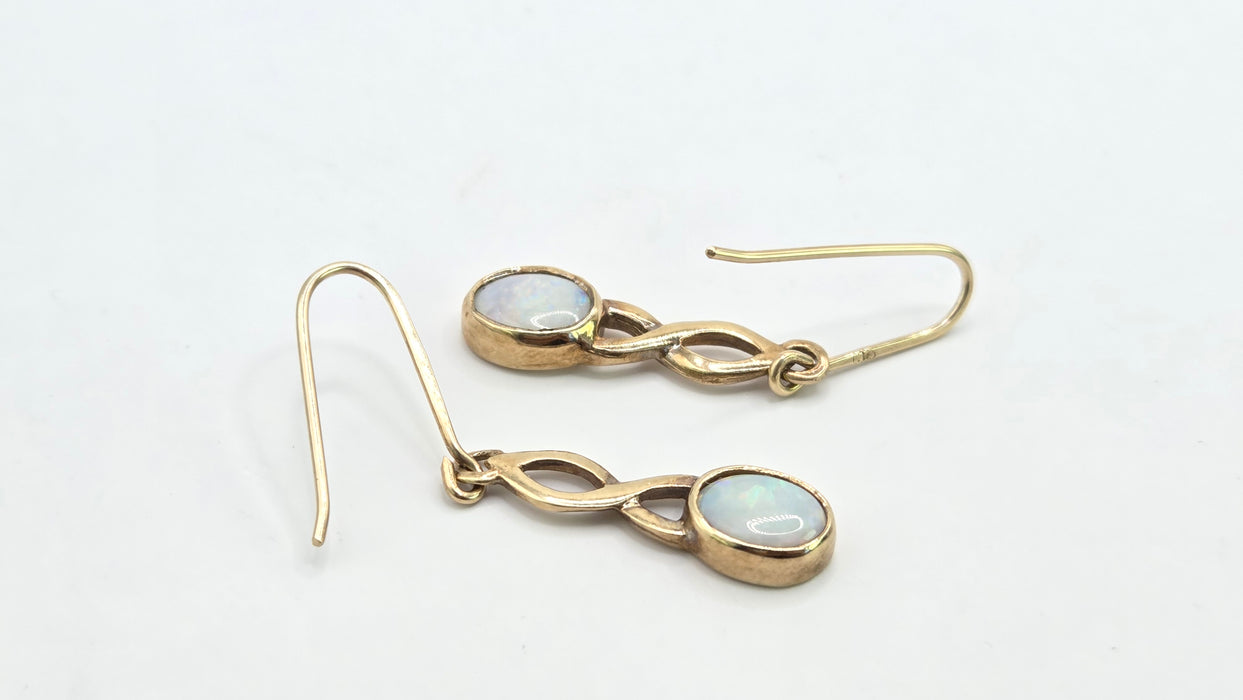 Vintage: 9ct Yellow Gold Oval Opal Shepherd's Hook Drop Earrings