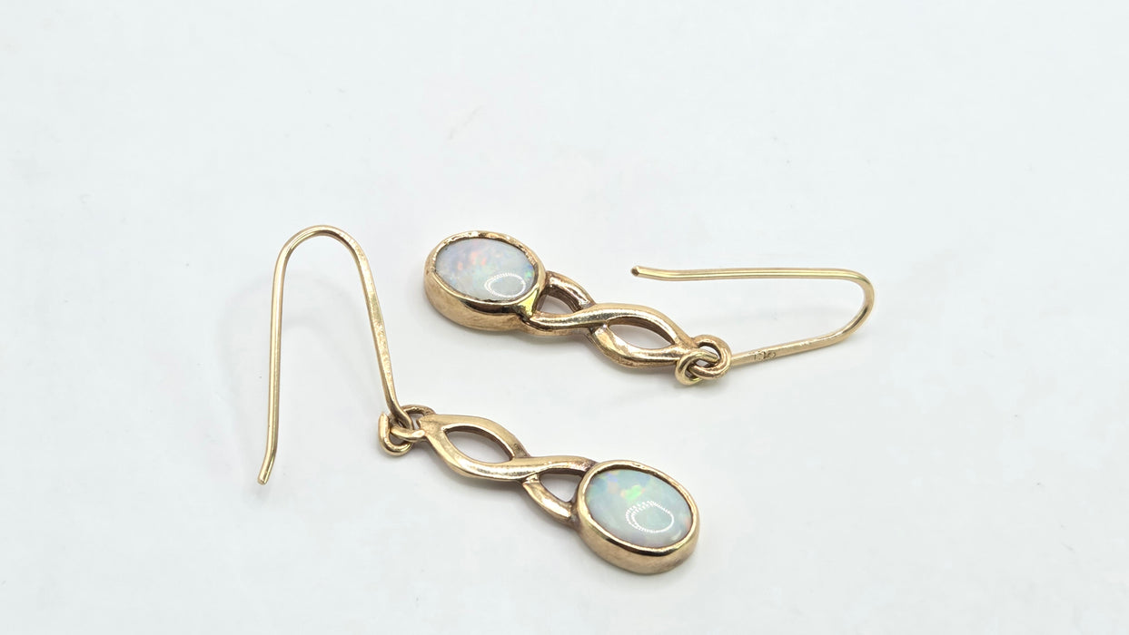 Vintage: 9ct Yellow Gold Oval Opal Shepherd's Hook Drop Earrings