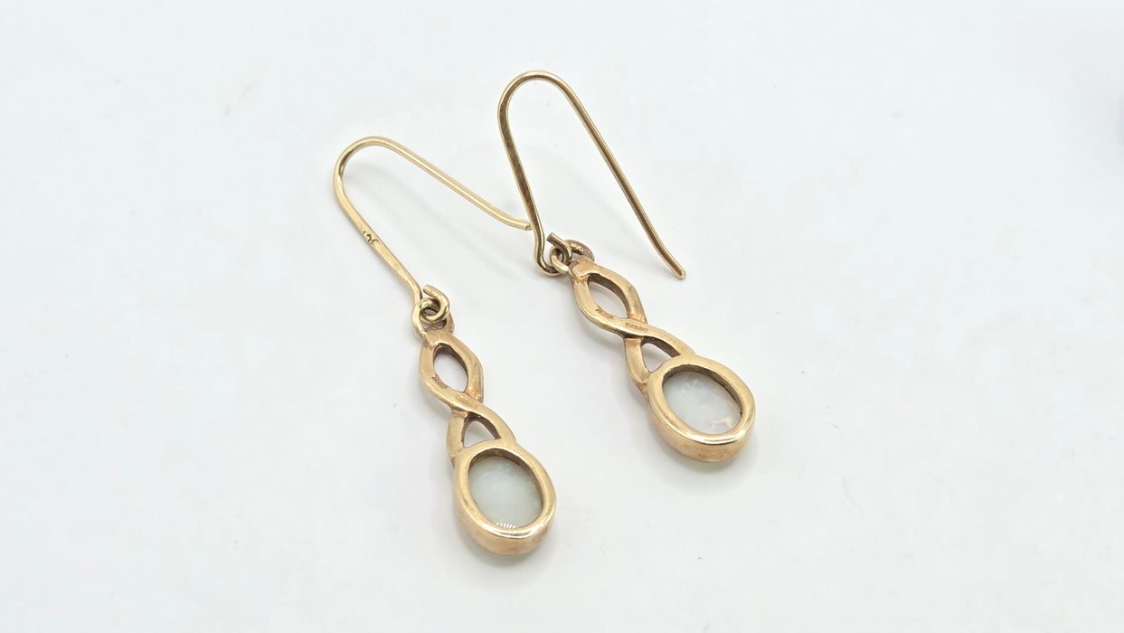 Vintage: 9ct Yellow Gold Oval Opal Shepherd's Hook Drop Earrings
