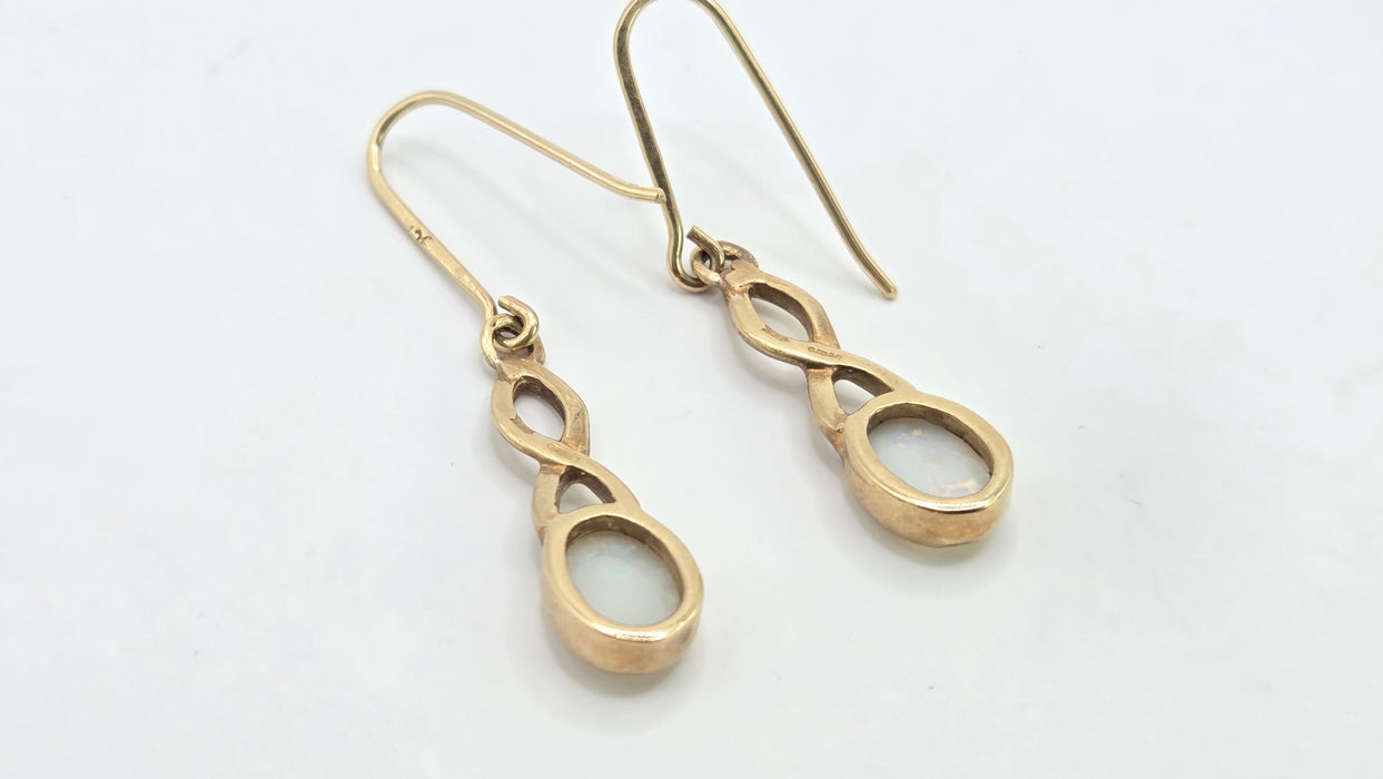 Vintage: 9ct Yellow Gold Oval Opal Shepherd's Hook Drop Earrings