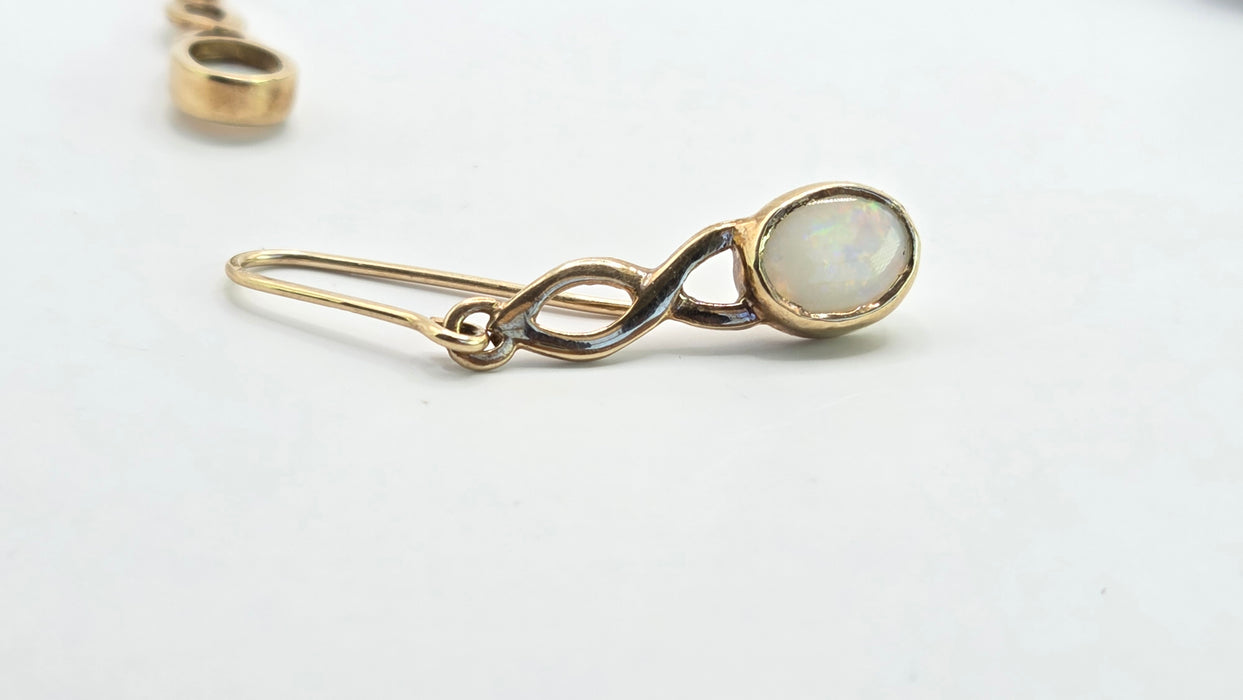 Vintage: 9ct Yellow Gold Oval Opal Shepherd's Hook Drop Earrings