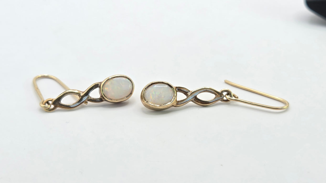 Vintage: 9ct Yellow Gold Oval Opal Shepherd's Hook Drop Earrings