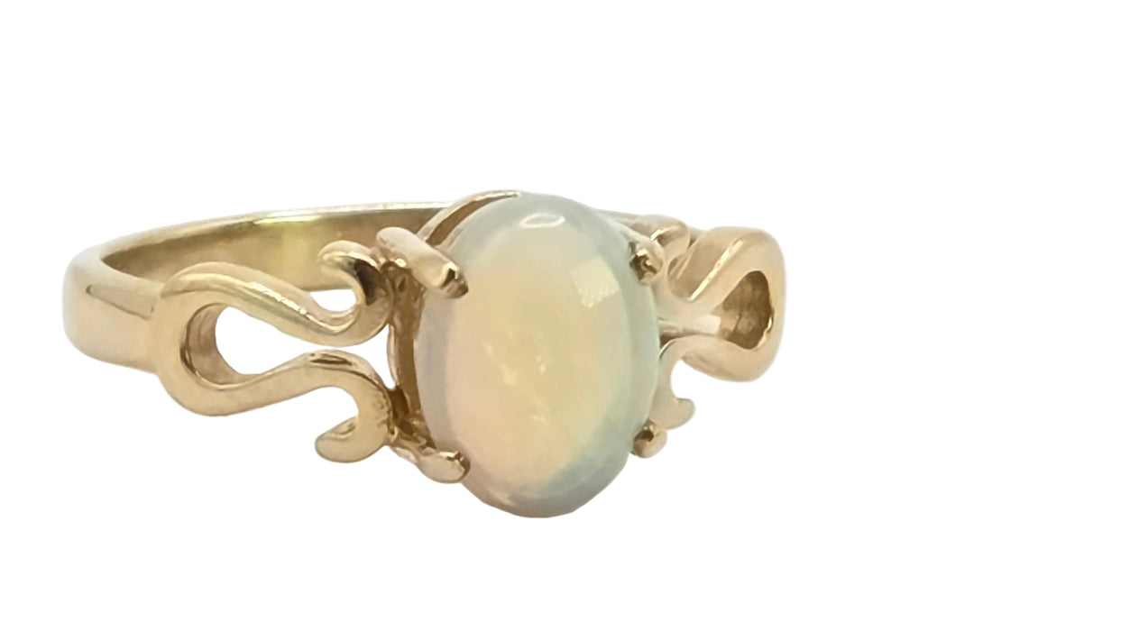 Vintage: 9ct Yellow Gold Oval Opal Scrollwork Solitaire Ring