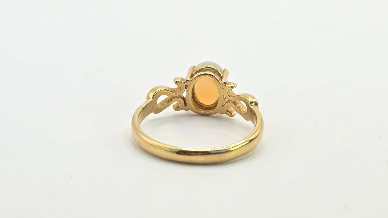 Vintage: 9ct Yellow Gold Oval Opal Scrollwork Solitaire Ring