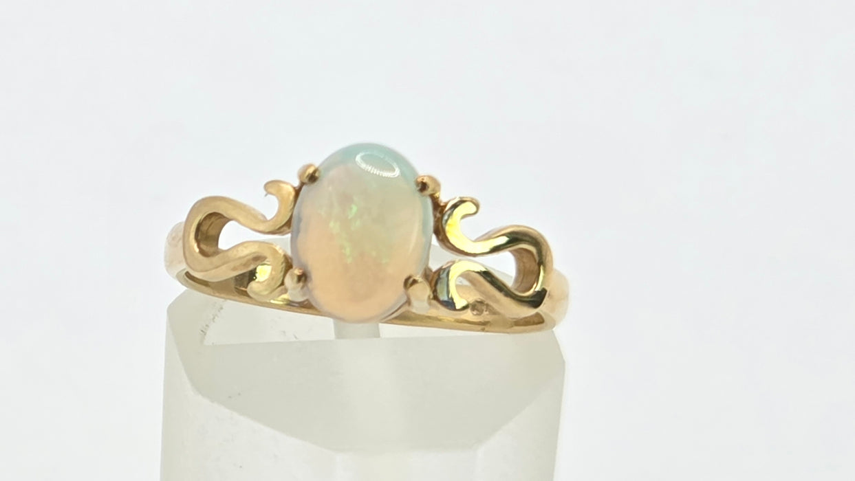 Vintage: 9ct Yellow Gold Oval Opal Scrollwork Solitaire Ring
