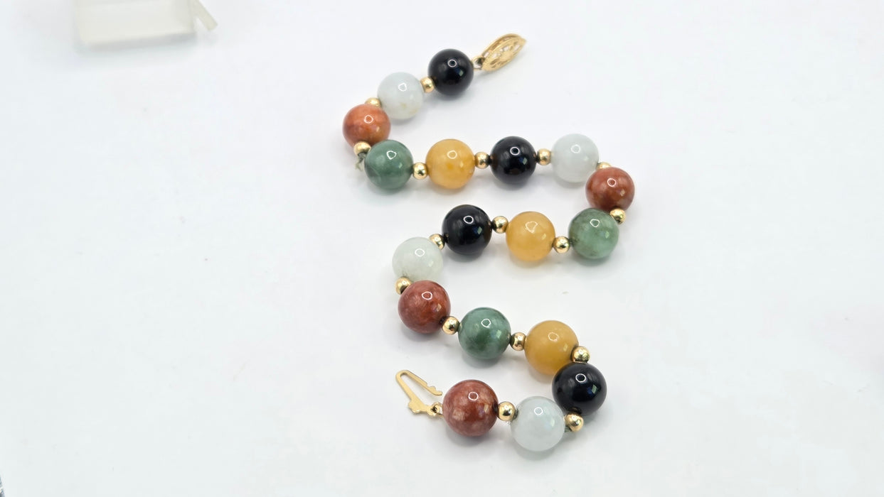 Vintage: 14ct Yellow Gold Multicolour Jade Bead Bracelet with Filigree Clasp