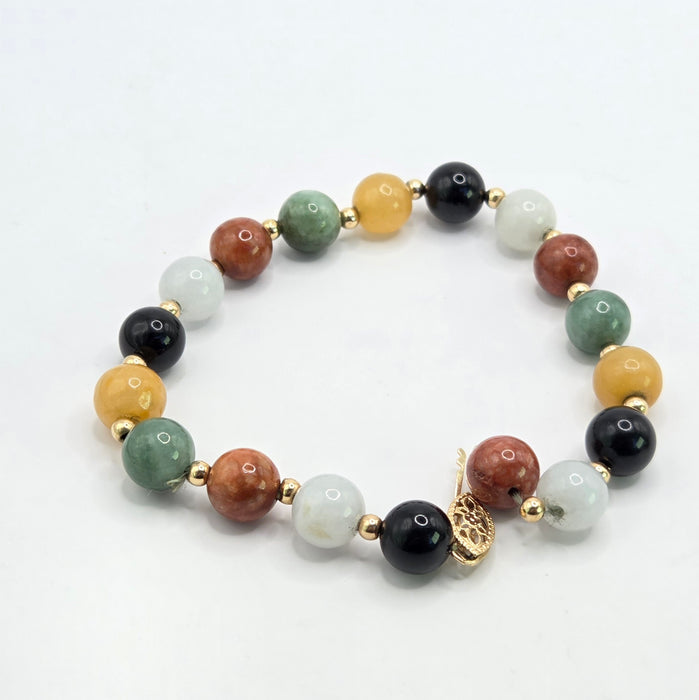 Vintage: 14ct Yellow Gold Multicolour Jade Bead Bracelet with Filigree Clasp