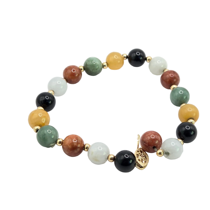Vintage: 14ct Yellow Gold Multicolour Jade Bead Bracelet with Filigree Clasp