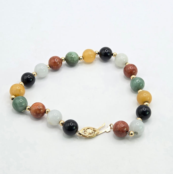 Vintage: 14ct Yellow Gold Multicolour Jade Bead Bracelet with Filigree Clasp