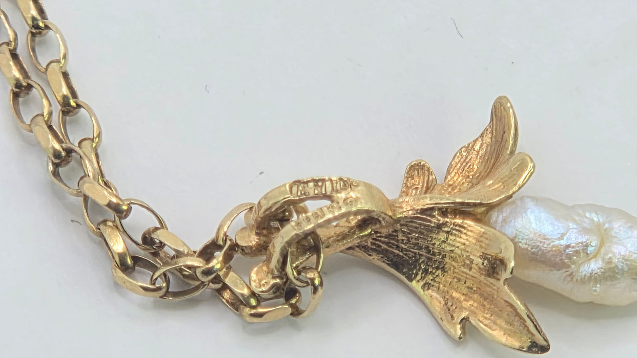 Vintage: 9ct Yellow Gold Baroque Freshwater Pearl Belcher Chain Necklace — From 1979