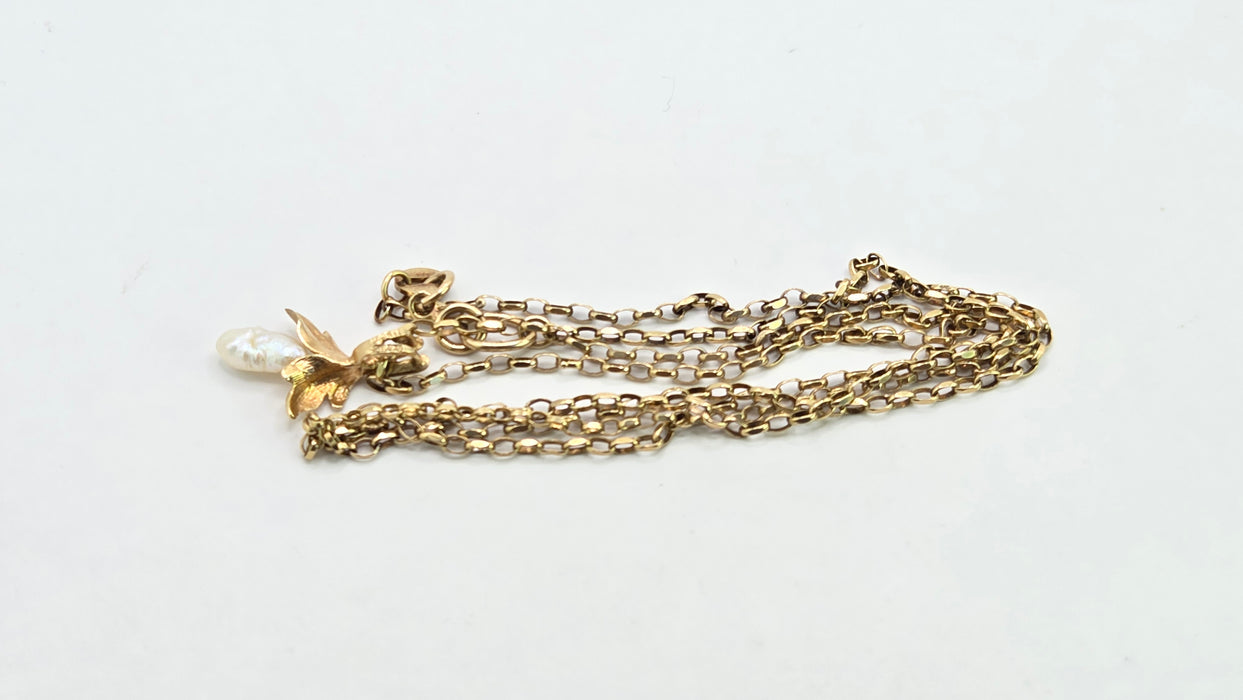 Vintage: 9ct Yellow Gold Baroque Freshwater Pearl Belcher Chain Necklace — From 1979