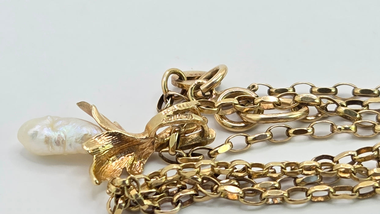 Vintage: 9ct Yellow Gold Baroque Freshwater Pearl Belcher Chain Necklace — From 1979