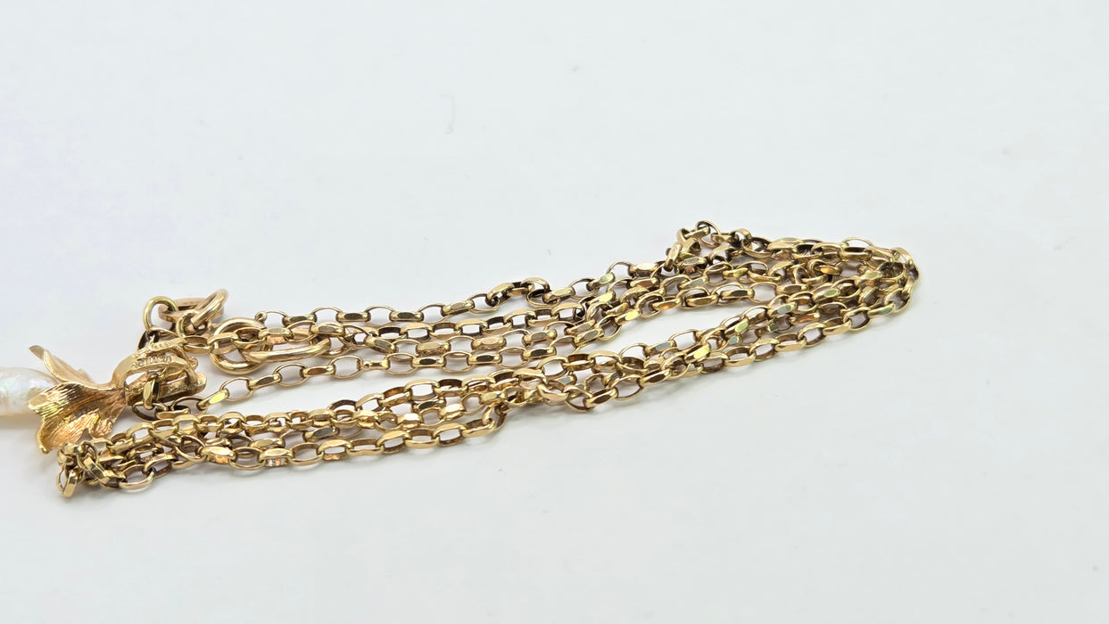 Vintage: 9ct Yellow Gold Baroque Freshwater Pearl Belcher Chain Necklace — From 1979