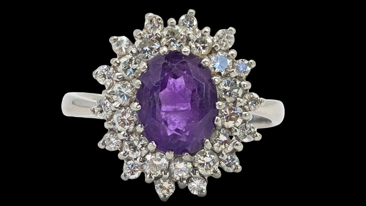 Vintage: 18ct White Gold Amethyst & Diamond Double Halo Dress Ring — 1.00ct