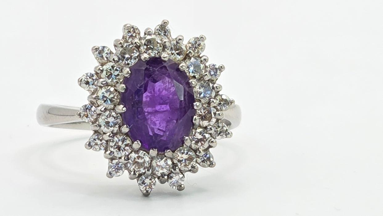 Vintage: 18ct White Gold Amethyst & Diamond Double Halo Dress Ring — 1.00ct