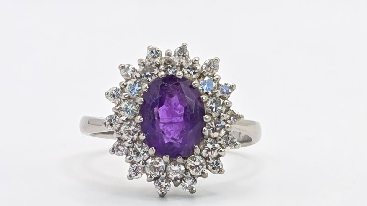 Vintage: 18ct White Gold Amethyst & Diamond Double Halo Dress Ring — 1.00ct