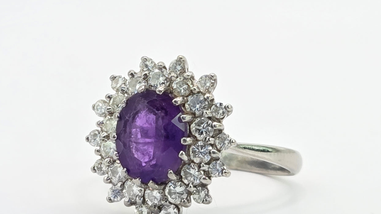 Vintage: 18ct White Gold Amethyst & Diamond Double Halo Dress Ring — 1.00ct