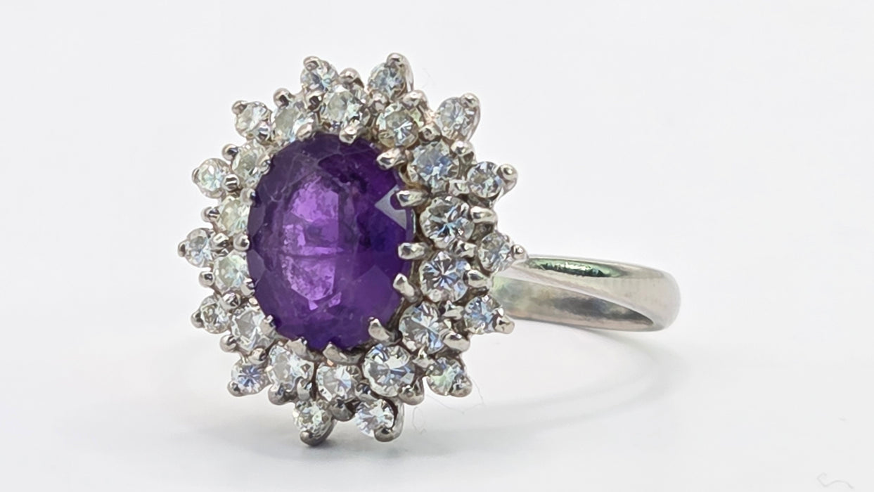 Vintage: 18ct White Gold Amethyst & Diamond Double Halo Dress Ring — 1.00ct