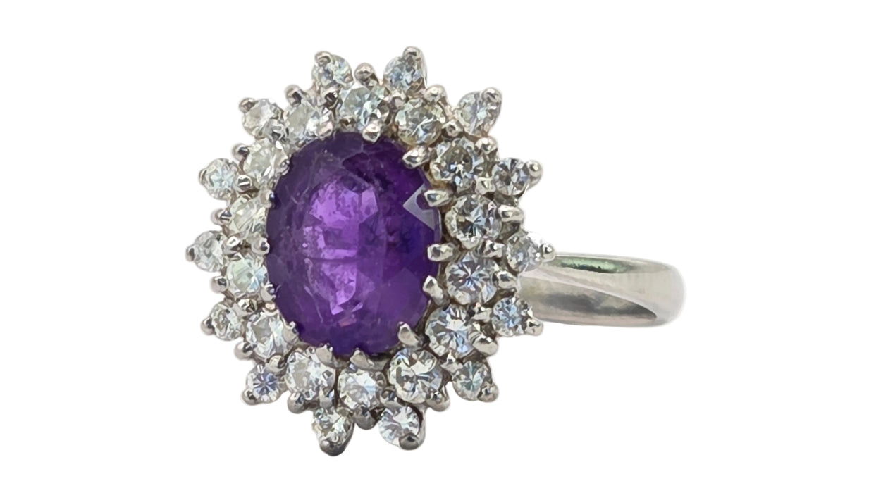 Vintage: 18ct White Gold Amethyst & Diamond Double Halo Dress Ring — 1.00ct