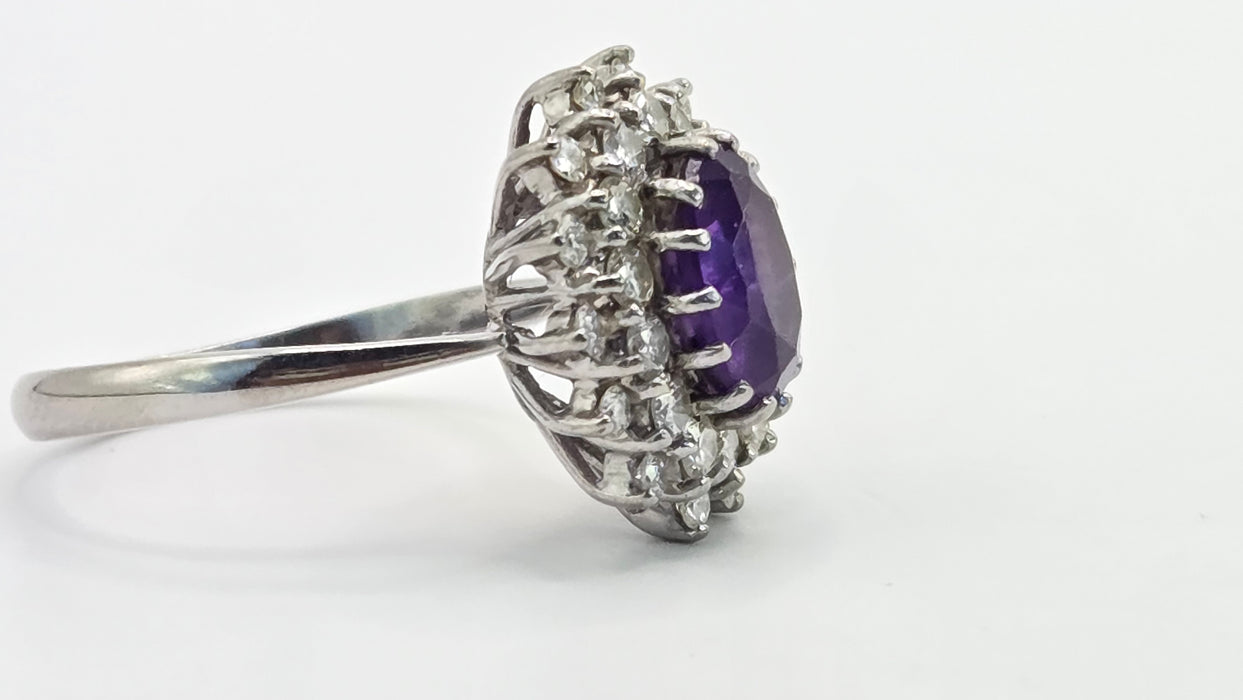 Vintage: 18ct White Gold Amethyst & Diamond Double Halo Dress Ring — 1.00ct