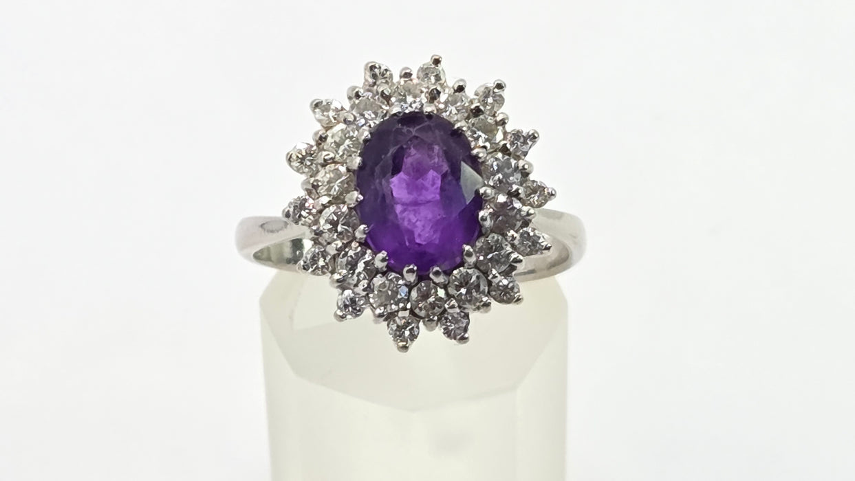 Vintage: 18ct White Gold Amethyst & Diamond Double Halo Dress Ring — 1.00ct