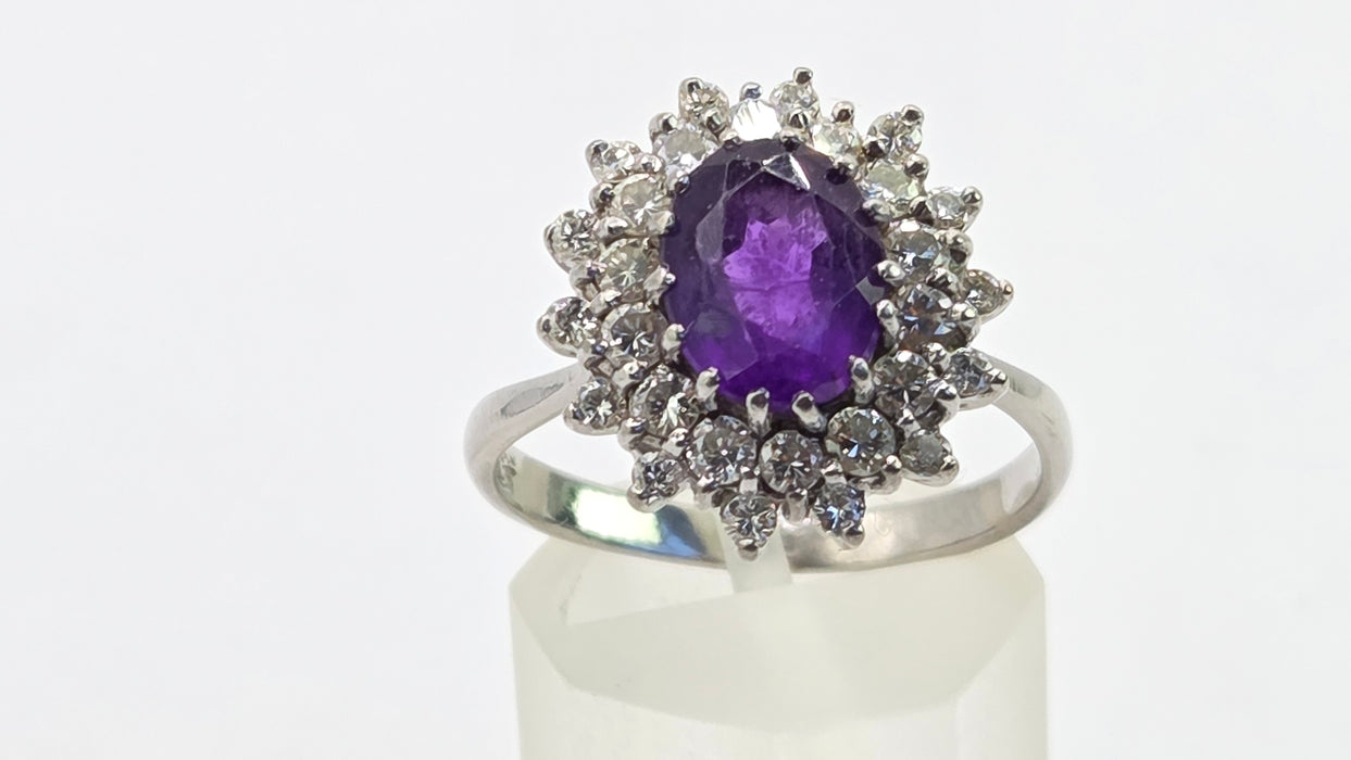 Vintage: 18ct White Gold Amethyst & Diamond Double Halo Dress Ring — 1.00ct