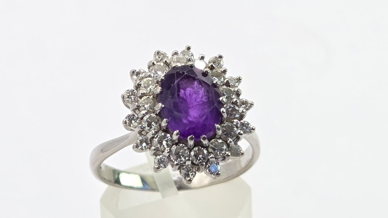 Vintage: 18ct White Gold Amethyst & Diamond Double Halo Dress Ring — 1.00ct